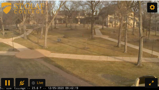 Tomson East Lantern Camera at St. Olaf College in Northfield Minnesota, looking out to the campus green and Wind Chime Memorial.